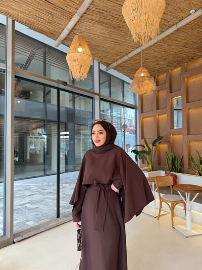 Reyha Pelerinli Elbise - Kahve 