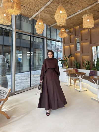 Reyha Pelerinli Elbise - Kahve 