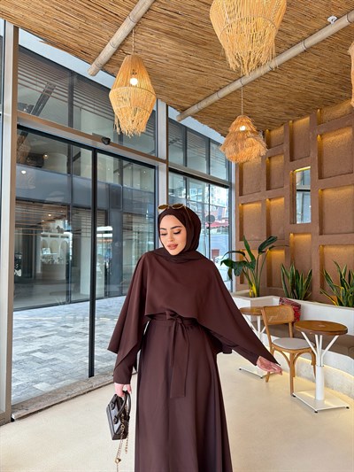 Reyha Pelerinli Elbise - Kahve 