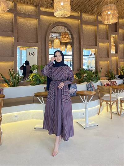 Sarah Çizgili Poplin Elbise  Bordo-Lacivert