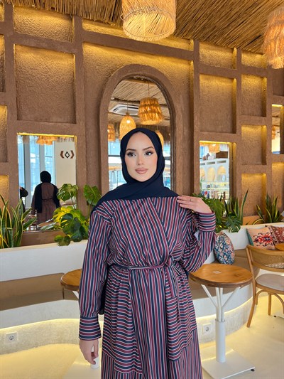 Sarah Çizgili Poplin Elbise  Bordo-Lacivert