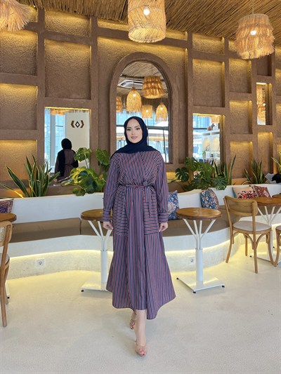 Sarah Çizgili Poplin Elbise  Bordo-Lacivert