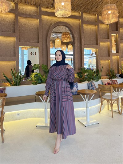 Sarah Çizgili Poplin Elbise  Bordo-Lacivert