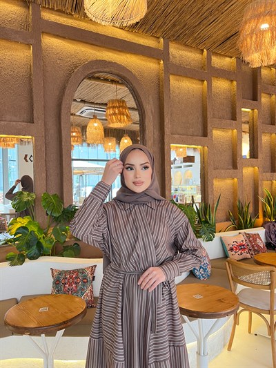 Sarah Çizgili Poplin Elbise - Yeşil 