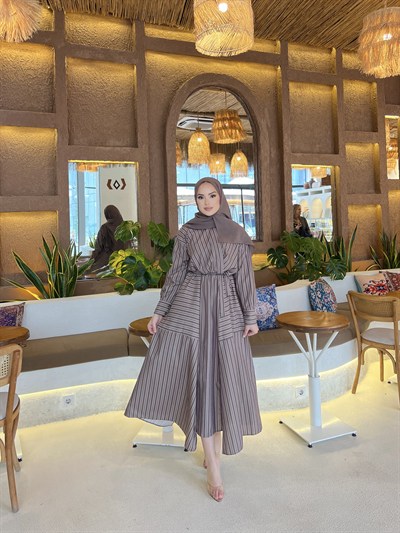 Sarah Çizgili Poplin Elbise - Yeşil 