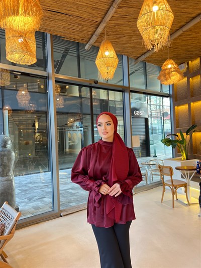 Saten Kol Detaylı Gömlek - Bordo