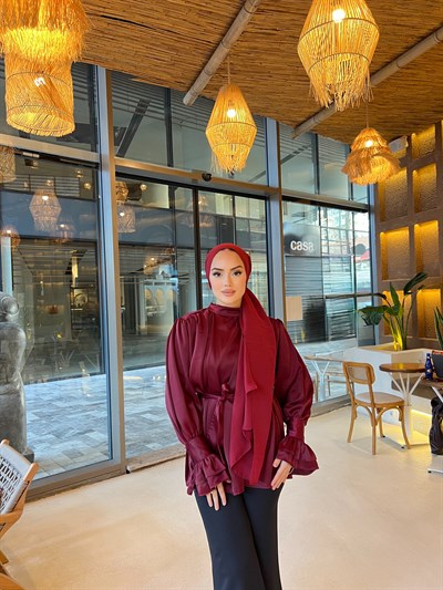 Saten Kol Detaylı Gömlek - Bordo