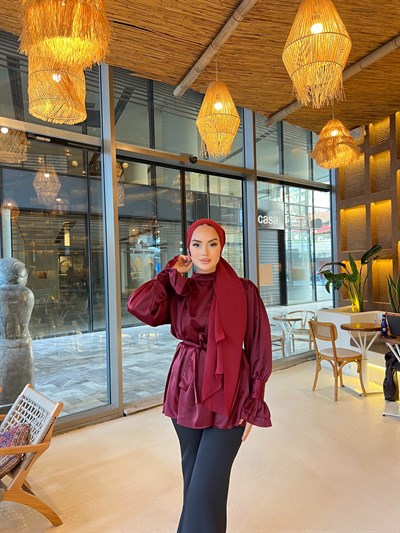 Saten Kol Detaylı Gömlek - Bordo