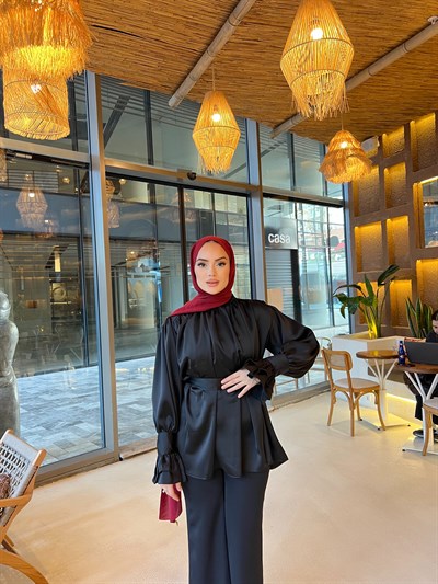 Saten Kol Detaylı Gömlek - Siyah