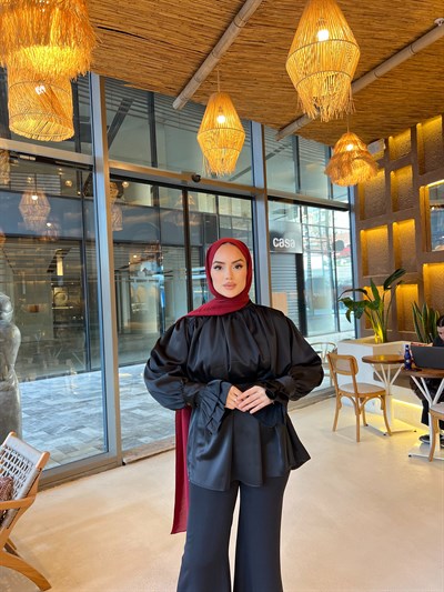 Saten Kol Detaylı Gömlek - Siyah