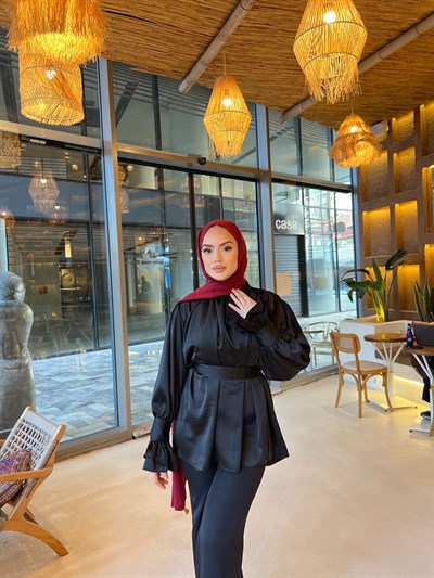 Saten Kol Detaylı Gömlek - Siyah