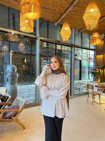 Saten Kol Detaylı Gömlek - Vizon