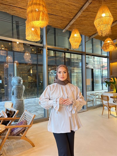 Saten Kol Detaylı Gömlek - Vizon