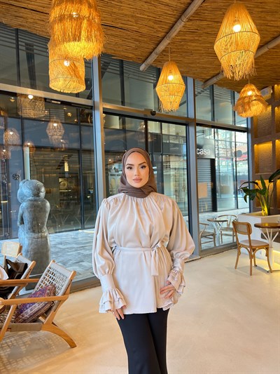 Saten Kol Detaylı Gömlek - Vizon