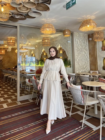 Sena Taşlı Etekli Takım - Krem