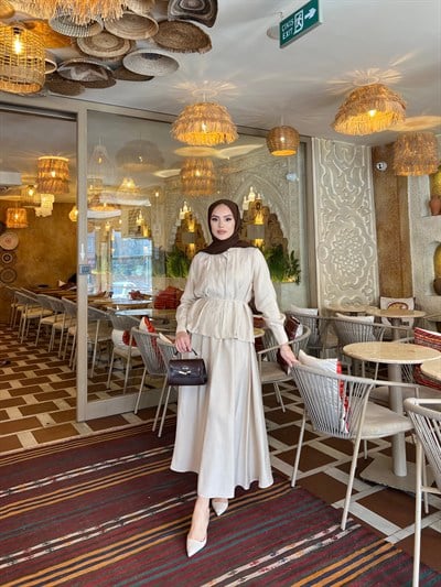 Sena Taşlı Etekli Takım - Krem