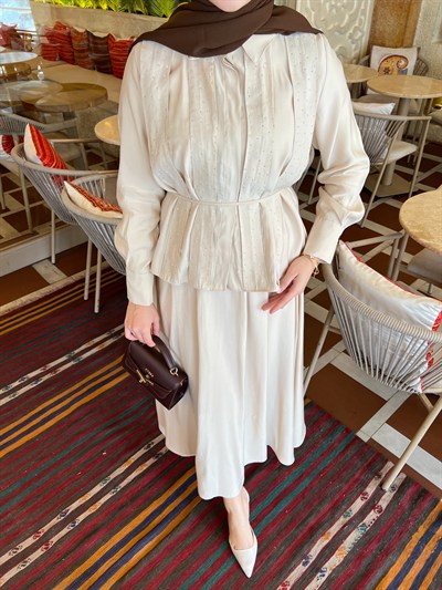 Sena Taşlı Etekli Takım - Krem