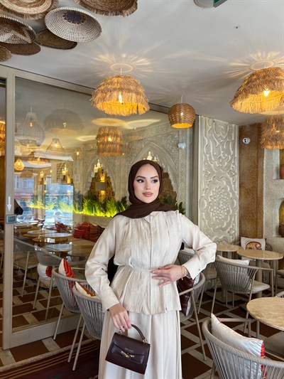 Sena Taşlı Etekli Takım - Krem