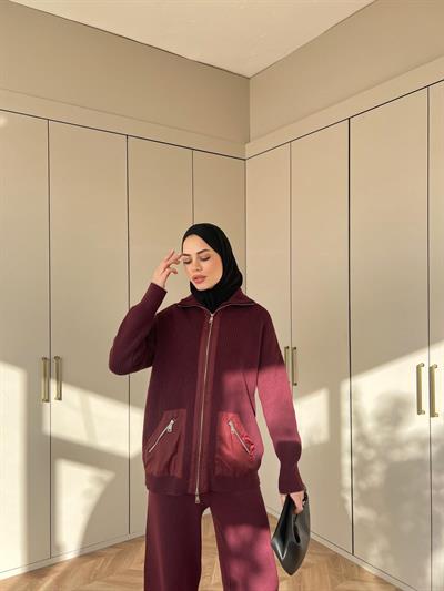 Seta Fermuarlı Triko Takım - Bordo