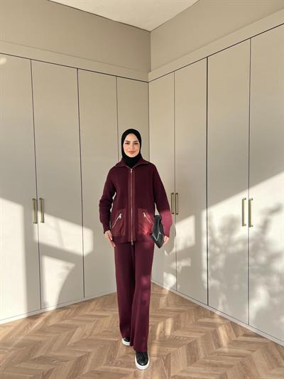 Seta Fermuarlı Triko Takım - Bordo