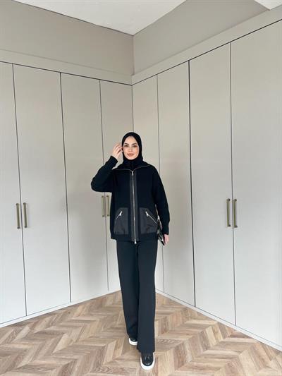 Seta Fermuarlı Triko Takım - Siyah