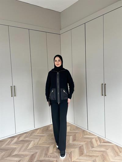 Seta Fermuarlı Triko Takım - Siyah