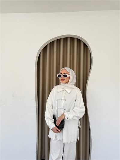 Sima Düğmeli Kot Takım - Beyaz