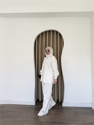 Sima Düğmeli Kot Takım - Beyaz