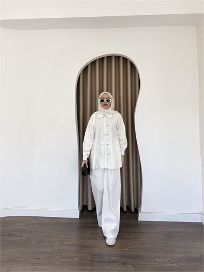 Sima Düğmeli Kot Takım - Beyaz