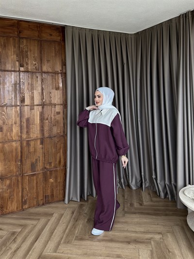 Suaz Şeritli Eşofman - Mürdüm