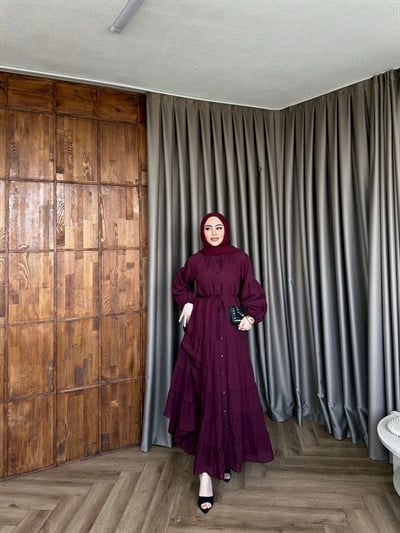 Tb-Alev Düğmeli Elbise- Mürdüm