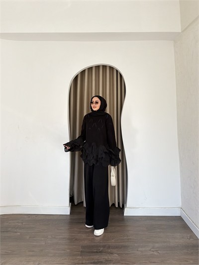 Tuna Triko Fırfır Takım - Siyah