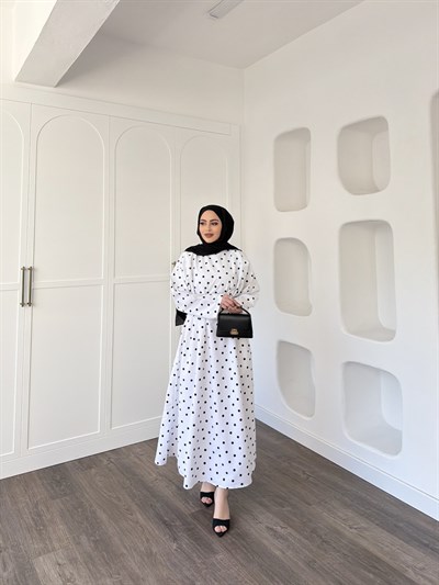 Women Puantiye Elbise - Beyaz