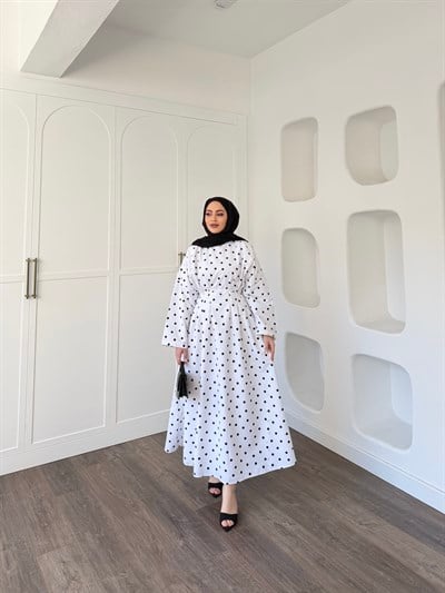 Women Puantiye Elbise - Beyaz