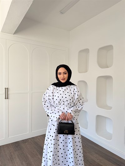 Women Puantiye Elbise - Beyaz