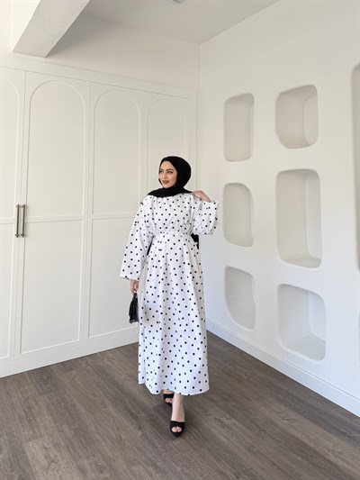 Women Puantiye Elbise - Beyaz