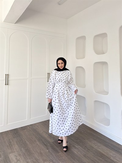 Women Puantiye Elbise - Beyaz