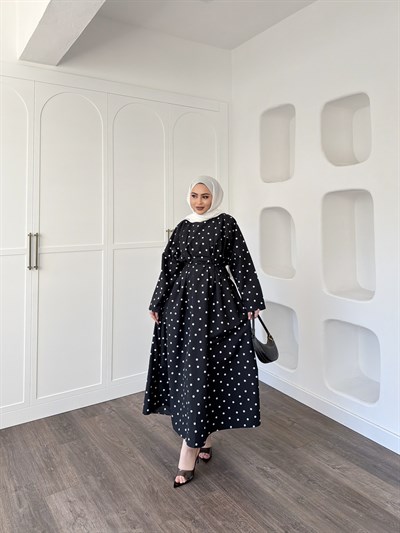 Women Puantiye Elbise - Siyah