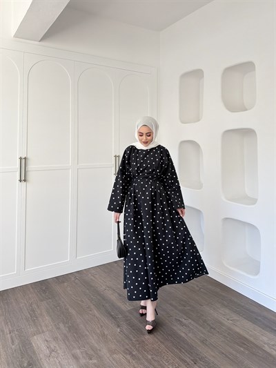 Women Puantiye Elbise - Siyah