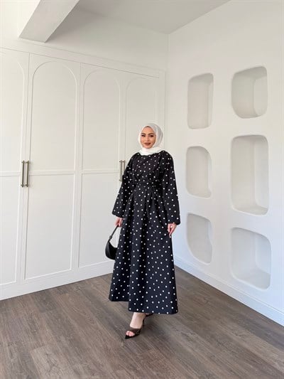 Women Puantiye Elbise - Siyah