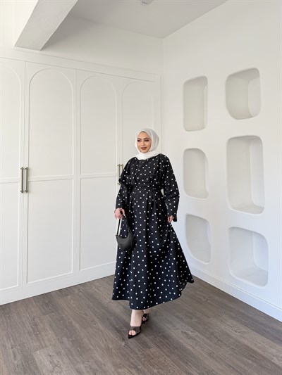 Women Puantiye Elbise - Siyah