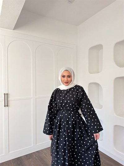 Women Puantiye Elbise - Siyah