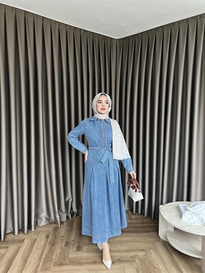 Yarım Fermuarlı Enza Kot Elbise - Açık