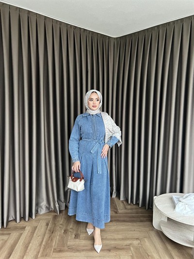 Yarım Fermuarlı Enza Kot Elbise - Açık