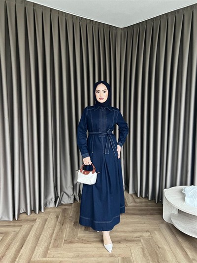 Yarım Fermuarlı Enza Kot Elbise - Koyu