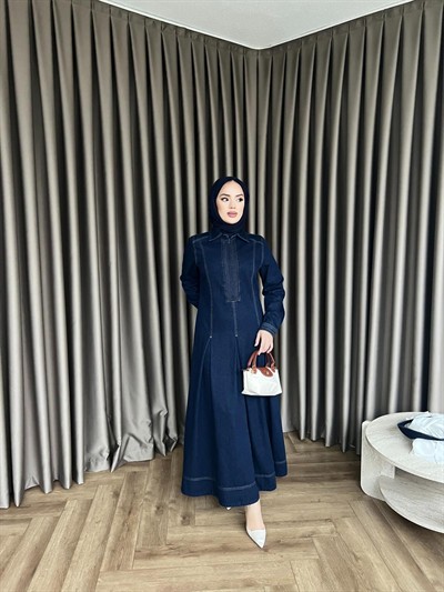 Yarım Fermuarlı Enza Kot Elbise - Koyu