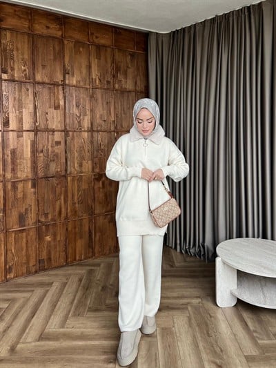 Yesla Kürk Detaylı Takım - Ekru