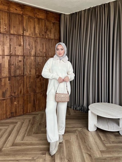 Yesla Kürk Detaylı Takım - Ekru