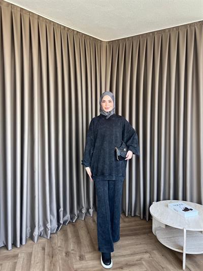 Yıkamalı Eşofman Takım - siyah