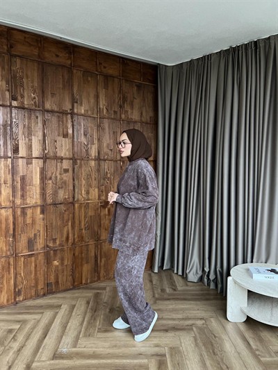 Yıkamalı Eşofman Takım - Kahverengi